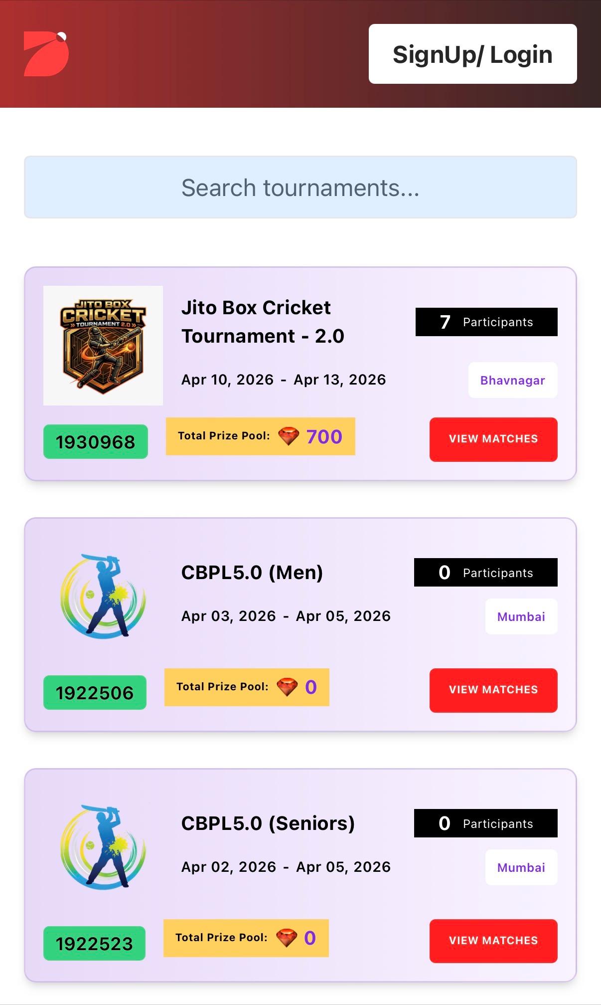 DreamCric Tournament Search